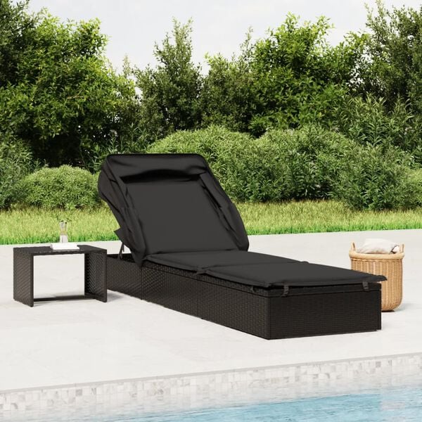 vidaXL Sonnenliege mit Faltdach Schwarz 213x63x97 cm Poly Rattan