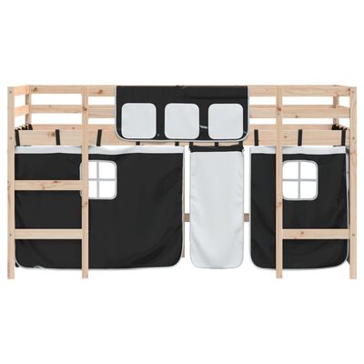 vidaXL Kinderhochbett mit Vorhängen Weiß und Schwarz Massivholz Kiefer
