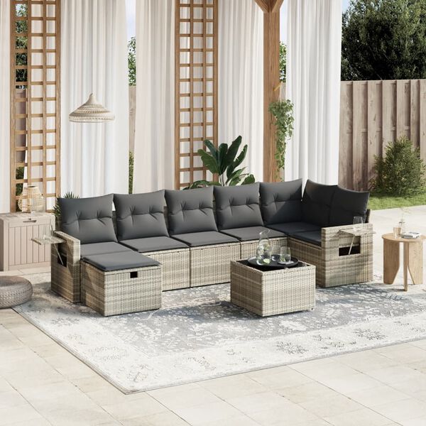 vidaXL 8-tlg. Garten-Sofagarnitur mit Kissen Hellgrau Poly Rattan