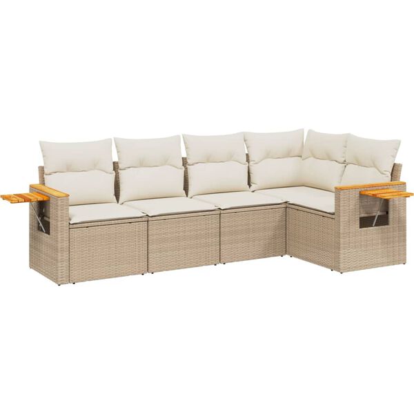vidaXL 5-tlg. Garten-Sofagarnitur mit Kissen Beige Poly Rattan