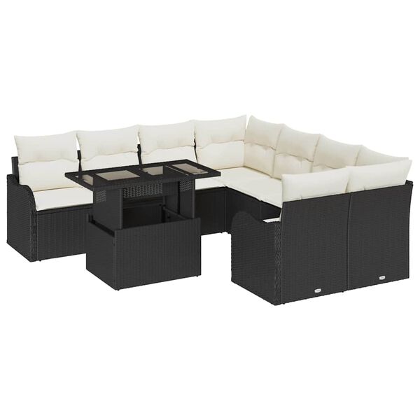 vidaXL Gartensofa-set mit Kissen 9 pcs Schwarz Poly-Rattan