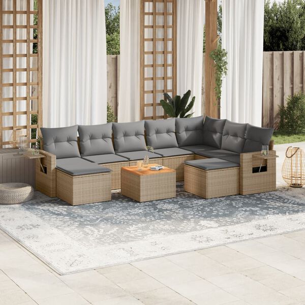 vidaXL 10-tlg. Garten-Sofagarnitur mit Kissen Beige Poly Rattan