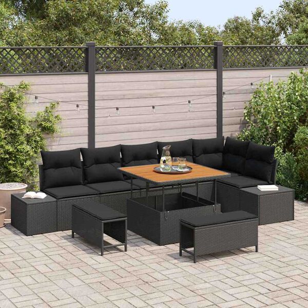 vidaXL Gartensofa-set mit Kissen 9 pcs Schwarz Poly Rattan