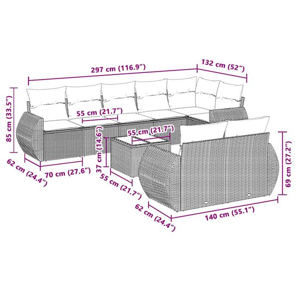 vidaXL 9-tlg. Garten-Sofagarnitur mit Kissen Hellgrau Poly Rattan