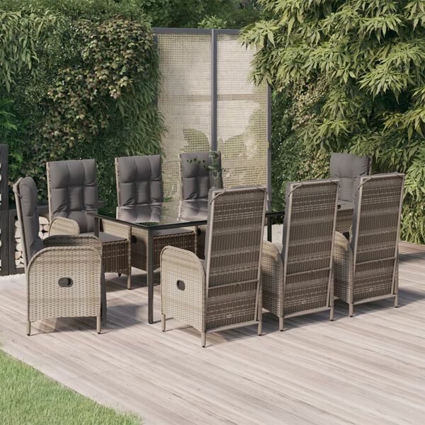 vidaXL 9-tlg. Garten-Essgruppe mit Kissen Schwarz und Grau Poly Rattan