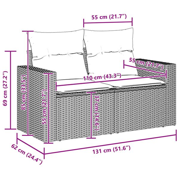 vidaXL Gartensofa-set mit Kissen 17 pcs Schwarz Poly-Rattan