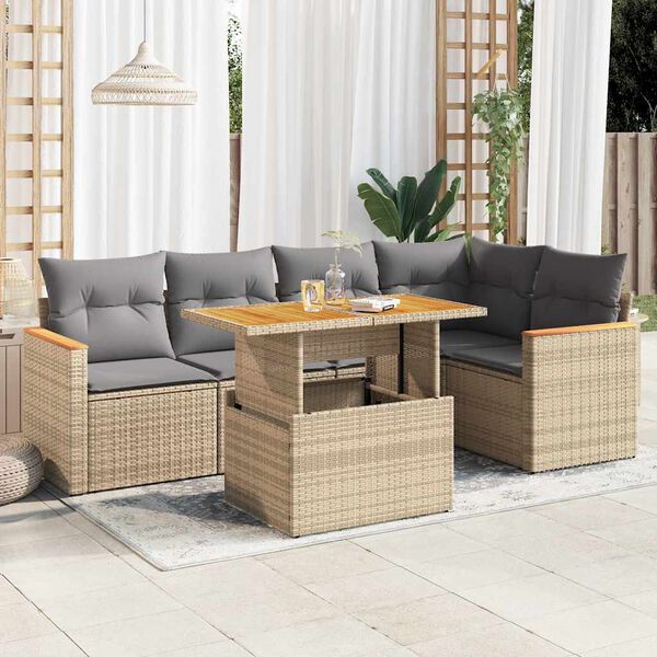 vidaXL 6-tlg. Garten-Sofagarnitur mit Kissen Beige Poly Rattan Akazie