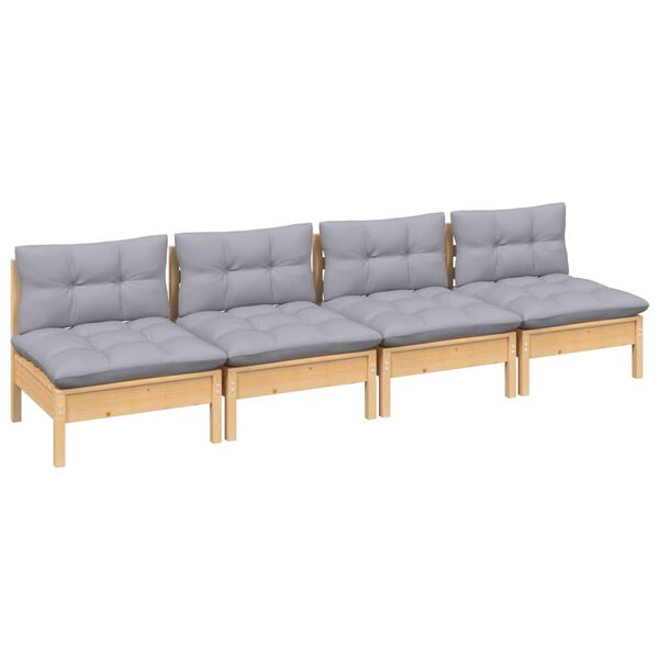 vidaXL 4-Sitzer-Gartensofa mit Grauen Kissen Massivholz Kiefer