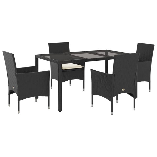 vidaXL 5-tlg. Garten-Essgruppe mit Kissen Schwarz Poly Rattan und Glas