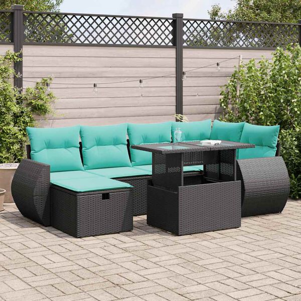 vidaXL 7-tlg. Garten-Sofagarnitur mit Kissen Grau Poly Rattan Akazie