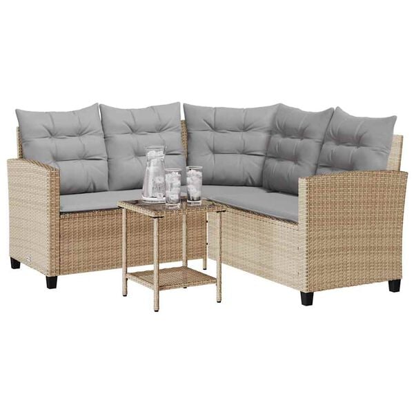 vidaXL Gartensofa in L-Form mit Tisch und Kissen Beige Poly Rattan