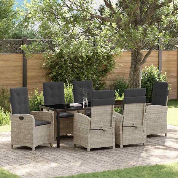 vidaXL Garten Essgruppe mit Kissen 7 pcs Hellgrau Poly-Rattan