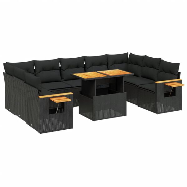 vidaXL 10-tlg. Garten-Sofagarnitur mit Kissen Schwarz Poly Rattan
