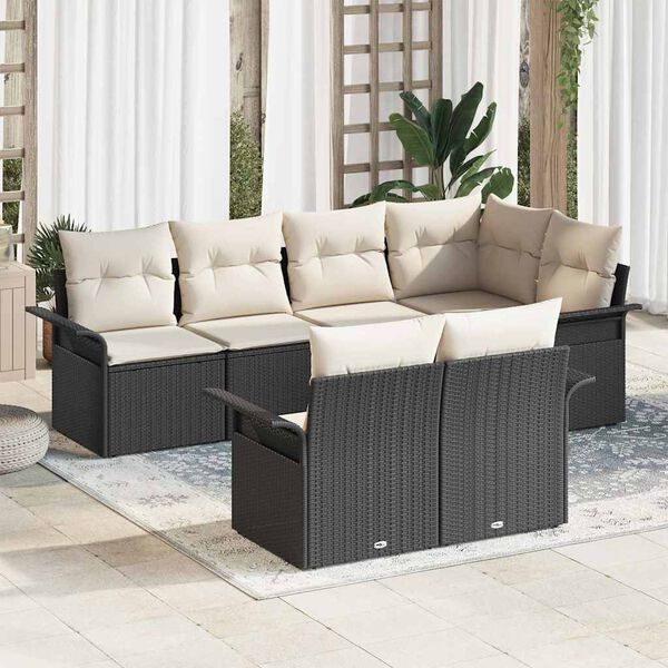vidaXL Garten-Sofa-Set mit Kissen 7 pcs Schwarz Poly Rattan