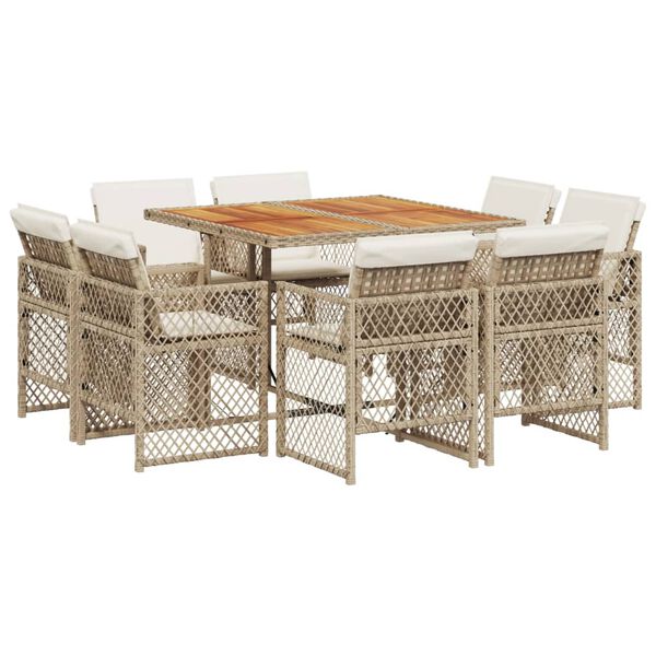 vidaXL 9-tlg. Garten-Essgruppe mit Kissen Beige Poly Rattan