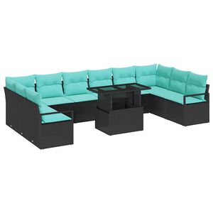 vidaXL Garten-Sofa-Set mit Kissen 11 pcs Schwarz und Blau Poly-Rattan