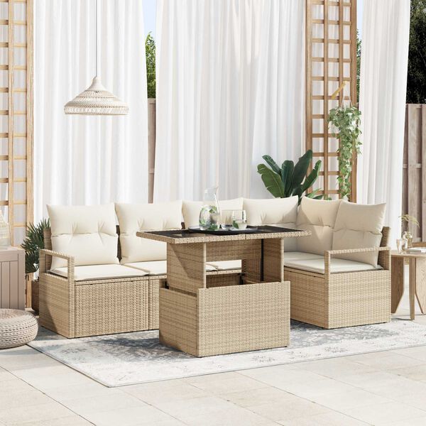 vidaXL Gartensofa-set mit Kissen mit Speicher 6 pcs Beige Poly Rattan