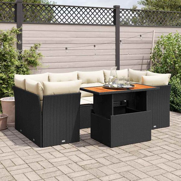 vidaXL 7-tlg. Garten-Sofagarnitur mit Kissen Schwarz Poly Rattan