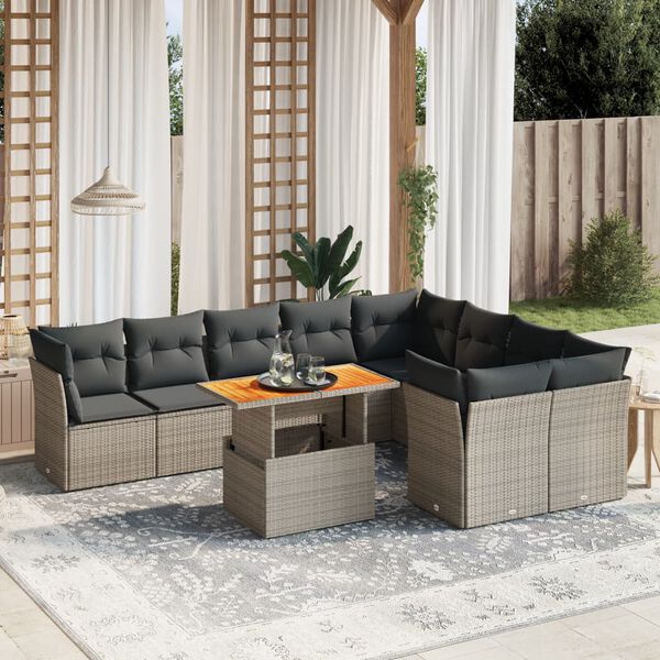 vidaXL 10-tlg. Garten-Sofagarnitur mit Kissen Grau Poly Rattan