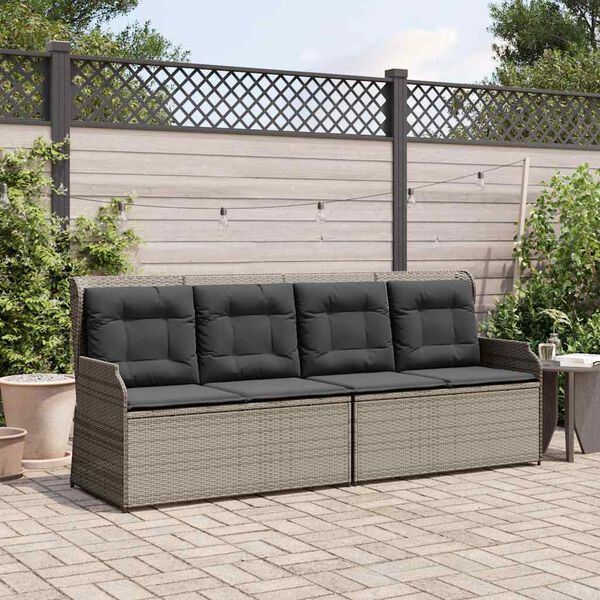 vidaXL Gartenbank Verstellbar mit Kissen Grau Poly Rattan