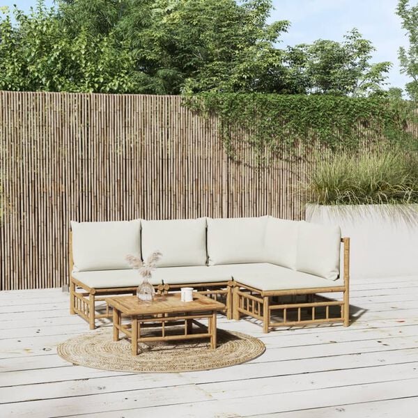 vidaXL 5-tlg. Garten-Lounge-Set mit Cremeweißen Kissen Bambus