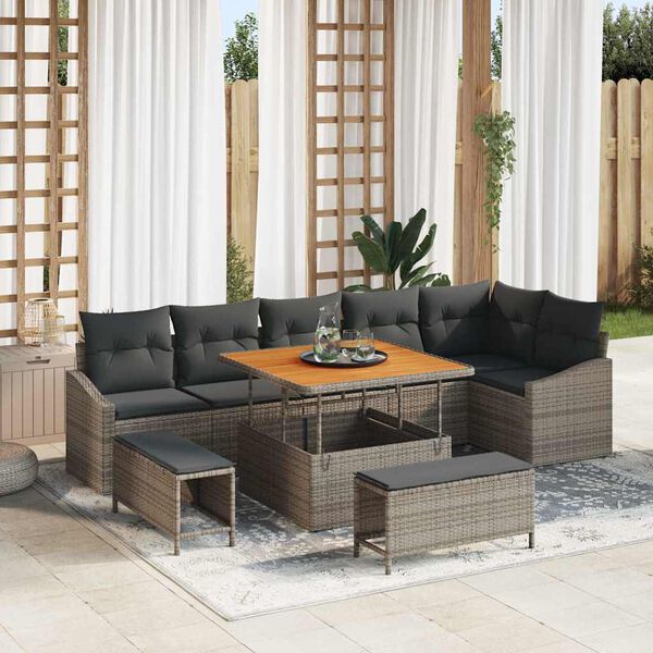 vidaXL Gartensofa-set mit Kissen mit Speicher 9 pcs Grau Poly Rattan
