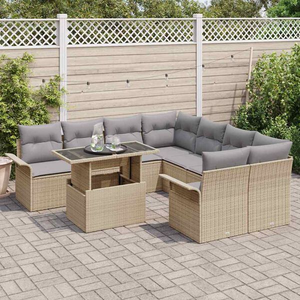 vidaXL Gartensofa-set mit Kissen mit Speicher 9 pcs Beige Poly Rattan