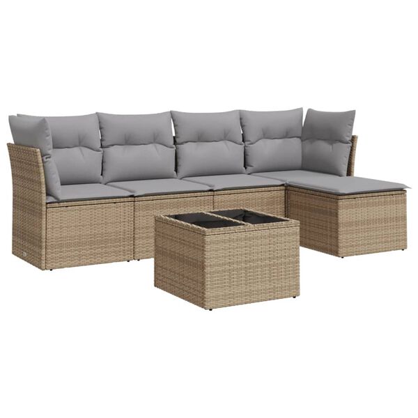 vidaXL 6-tlg. Garten-Sofagarnitur mit Kissen Beige Poly Rattan