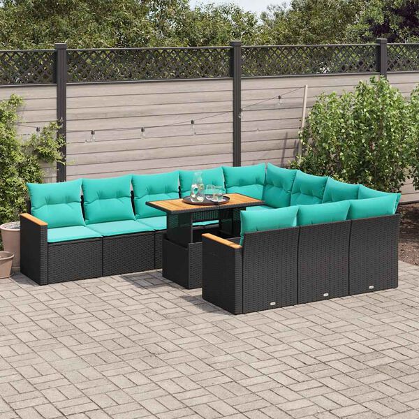 vidaXL 11-tlg. Garten-Sofagarnitur mit Kissen Schwarz Poly Rattan
