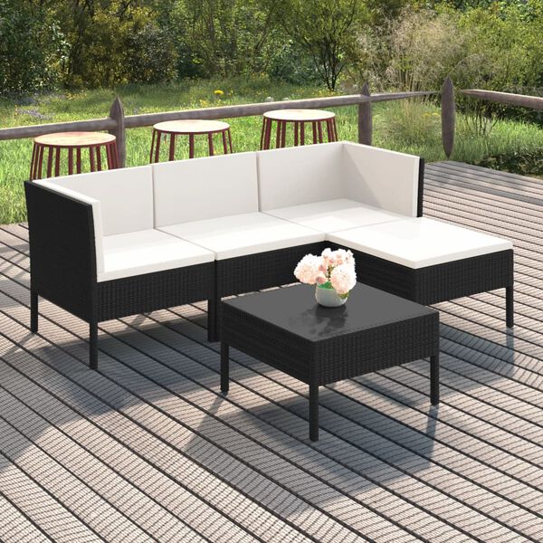 vidaXL 5-tlg. Garten-Lounge-Set mit Auflagen Poly Rattan Schwarz