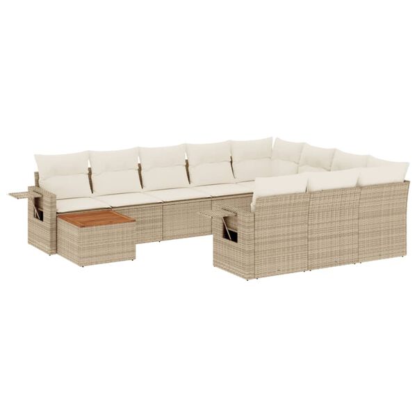 vidaXL 11-tlg. Garten-Sofagarnitur mit Kissen Beige Poly Rattan