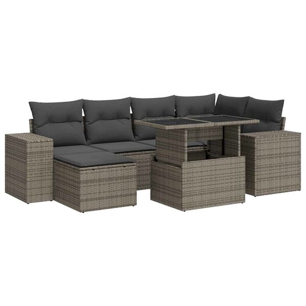 vidaXL 7-tlg. Garten-Sofagarnitur mit Kissen Grau Poly Rattan