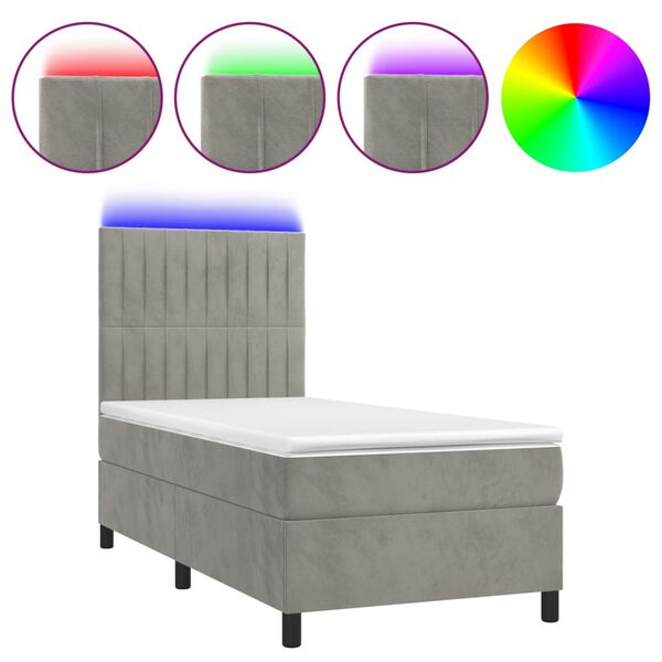 vidaXL Boxspringbett mit Matratze & LED Hellgrau 90x200 cm Samt
