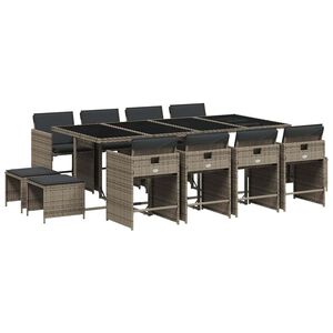 vidaXL 13-tlg. Garten-Essgruppe mit Kissen Grau Poly Rattan