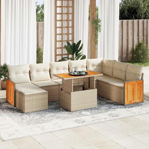 vidaXL 9-tlg. Garten-Sofagarnitur mit Kissen Beige Poly Rattan Akazie