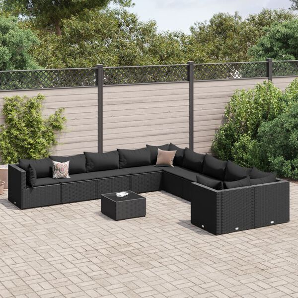 vidaXL 11-tlg. Garten-Sofagarnitur mit Kissen Schwarz Poly Rattan