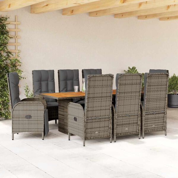 vidaXL 9-tlg. Garten-Essgruppe mit Kissen Grau Poly Rattan