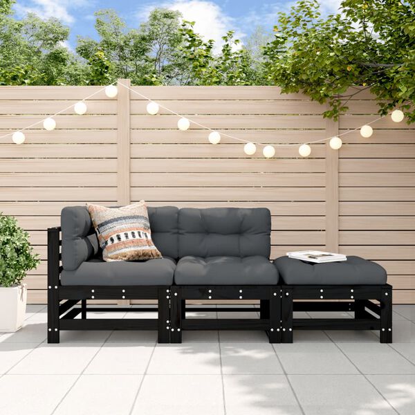 vidaXL 3-tlg. Garten-Lounge-Set mit Kissen Schwarz Massivholz