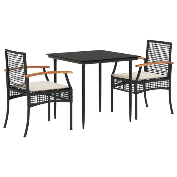 vidaXL 3-tlg. Garten-Essgruppe mit Kissen Schwarz Poly Rattan