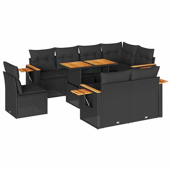 vidaXL 9-tlg. Garten-Sofagarnitur mit Kissen Schwarz Poly Rattan