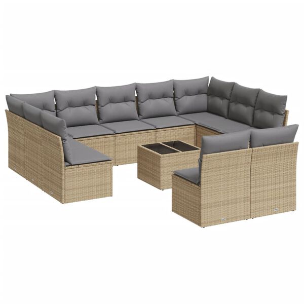 vidaXL 12-tlg. Garten-Sofagarnitur mit Kissen Beige Poly Rattan