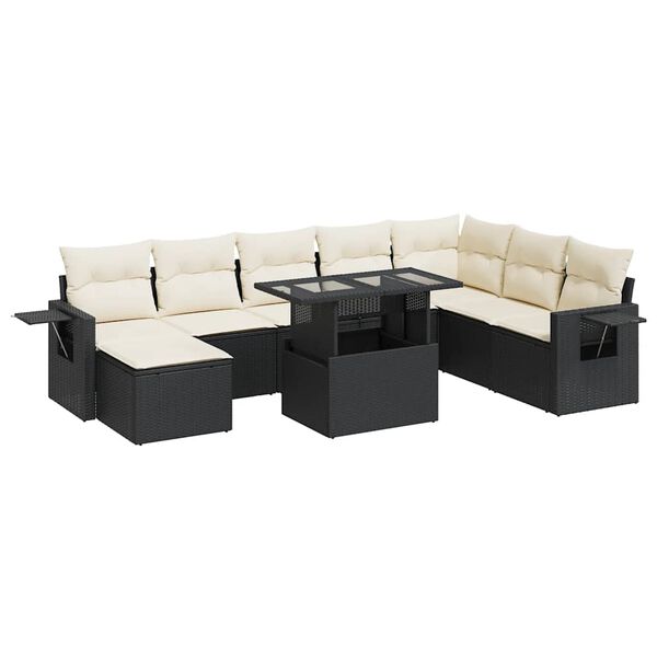 vidaXL 9-tlg. Garten-Sofagarnitur mit Kissen Schwarz Poly Rattan
