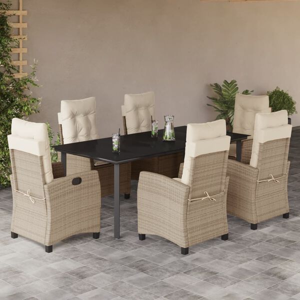 vidaXL 7-tlg. Garten-Essgruppe mit Kissen Beige Poly Rattan