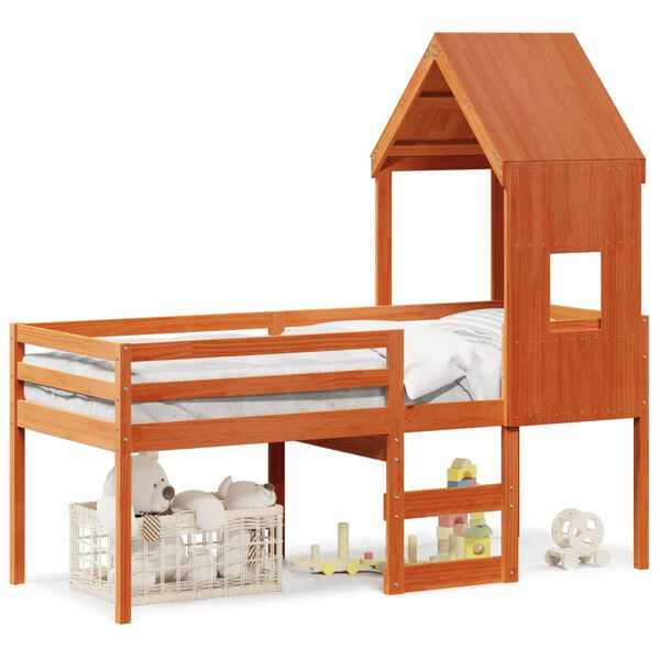 vidaXL Hochbett mit Dach Wachsbraun 80x200 cm Massivholz Kiefer