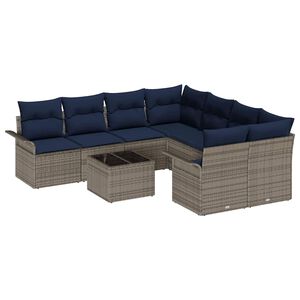 vidaXL Gartensofa-set mit Kissen 9 pcs Grau und Marineblau Poly-Rattan