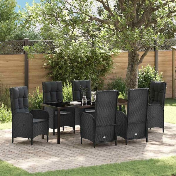vidaXL Garten Essgruppe mit Kissen 7 pcs Schwarz Poly-Rattan