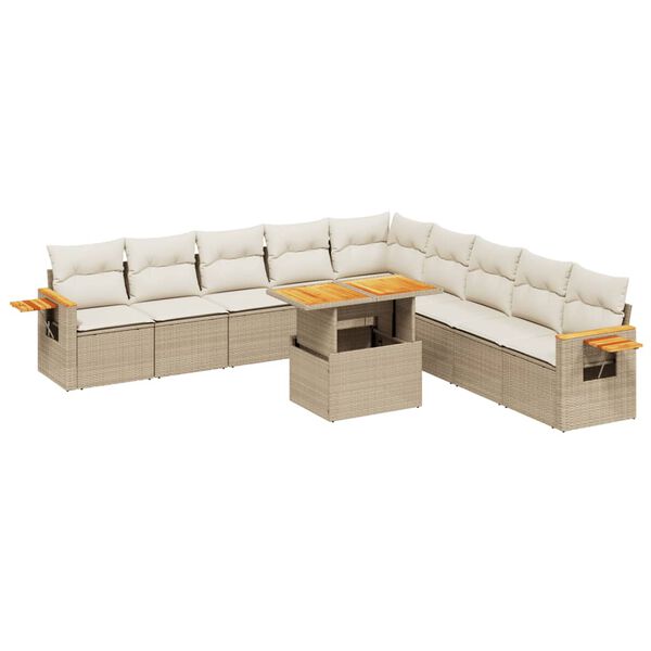 vidaXL 11-tlg. Garten-Sofagarnitur mit Kissen Beige Poly Rattan