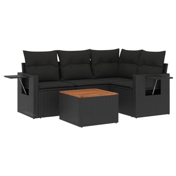 vidaXL 5-tlg. Garten-Sofagarnitur mit Kissen Schwarz Poly Rattan