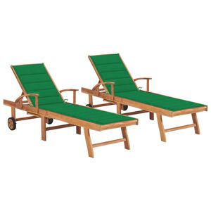 vidaXL Sonnenliegen 2 Stk. mit Auflagen Gr&uuml;n Massivholz Teak