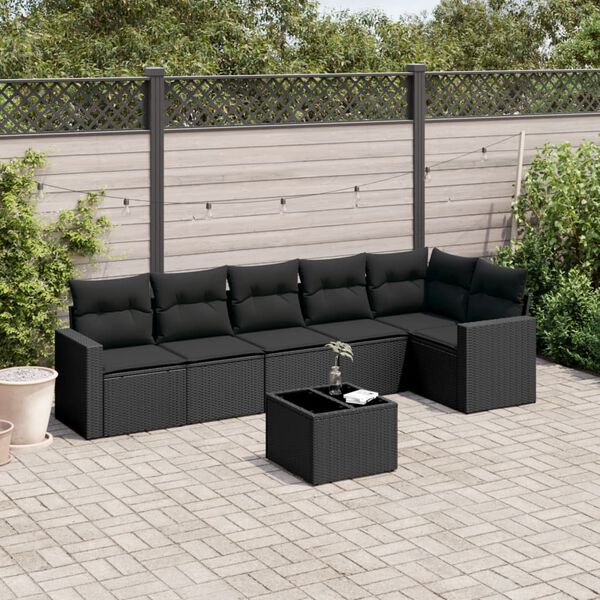 vidaXL 7-tlg. Garten-Sofagarnitur mit Kissen Schwarz Poly Rattan
